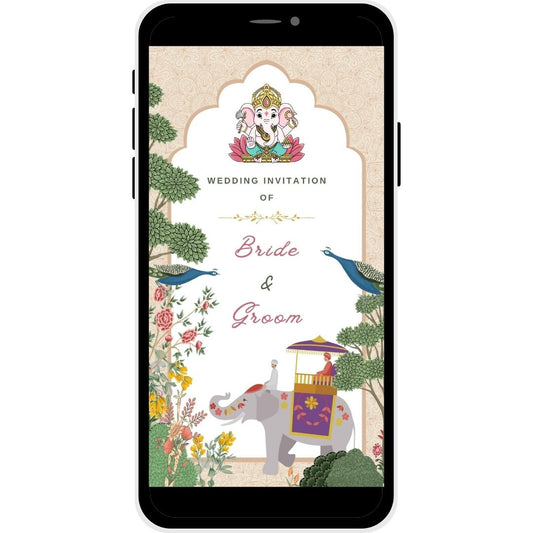 Regal Tradition Gujarati Wedding Invitation cover featuring Ganesha and vibrant florals