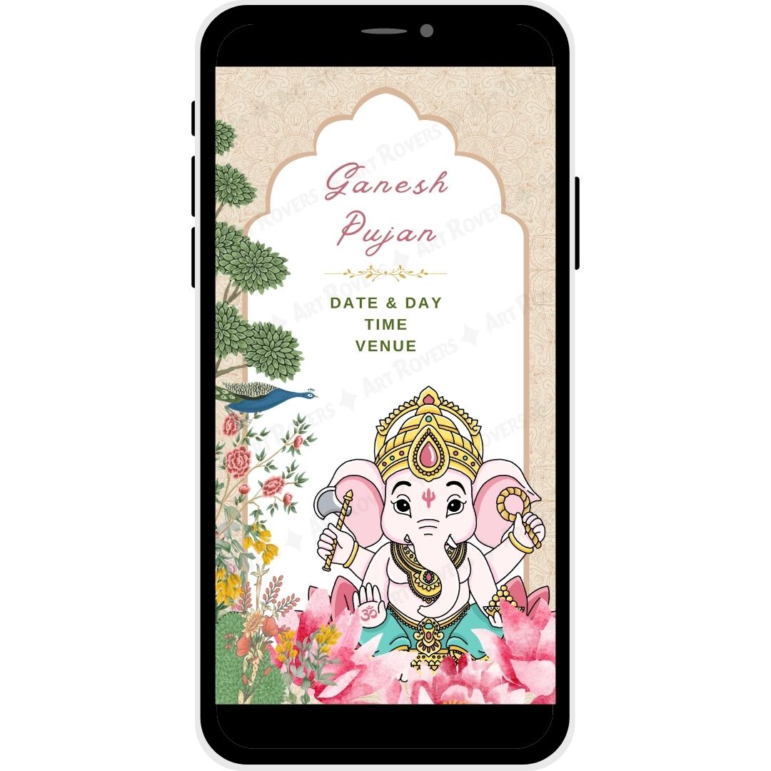 Ganesh Pujan ceremony invitation page with elegant floral decor for Gujarati wedding
