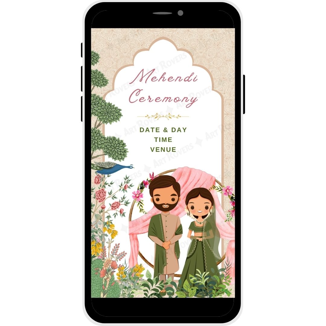 Mehendi ceremony page featuring bride and groom illustration in Regal Tradition Gujarati wedding card
