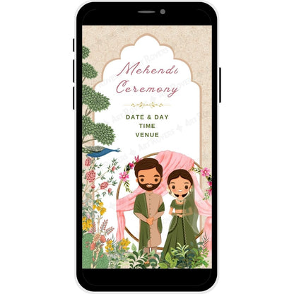 Mehendi ceremony page featuring bride and groom illustration in Regal Tradition Gujarati wedding card
