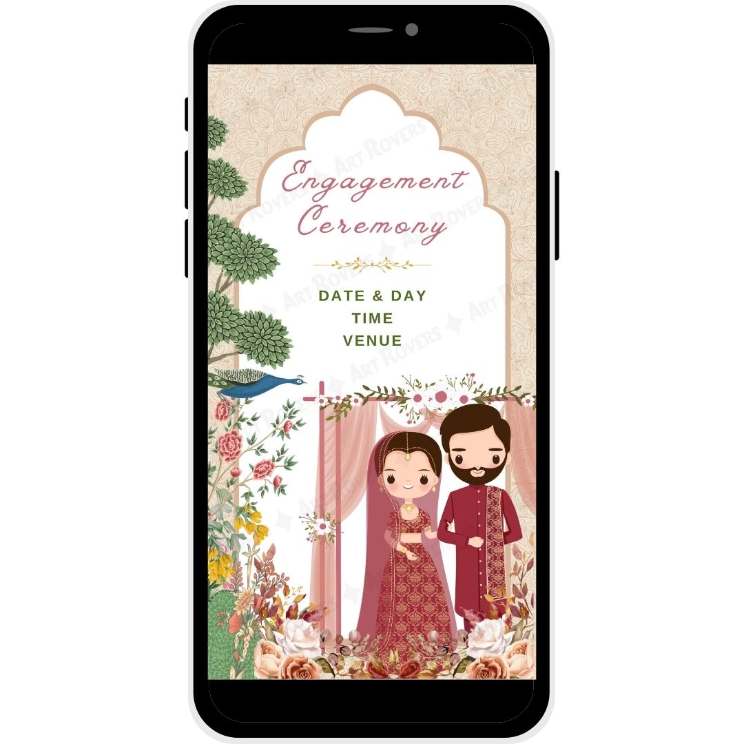Engagement ceremony page with bride and groom illustration for Regal Tradition wedding card