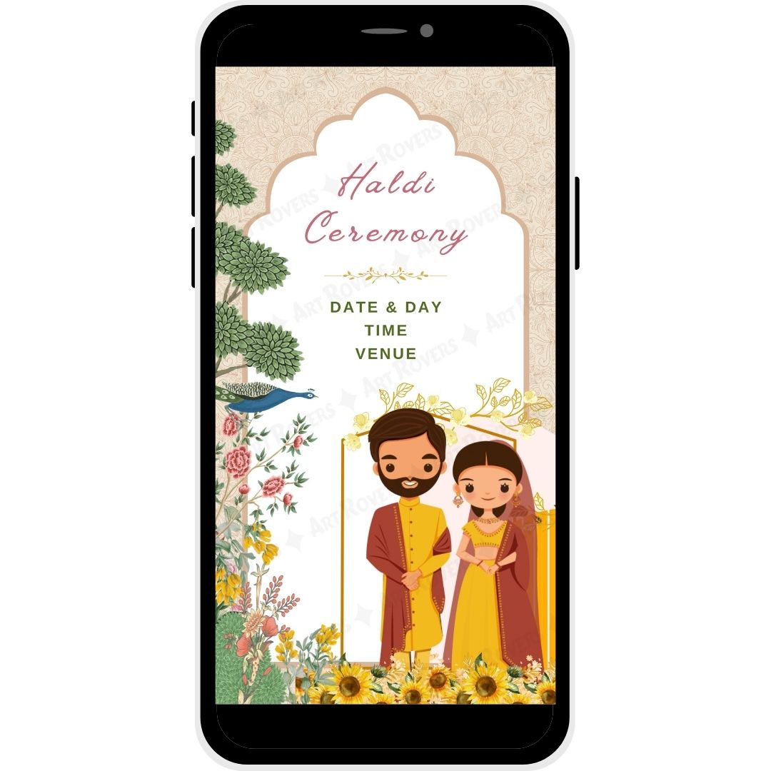 Haldi ceremony invitation page with vibrant sunflowers for Gujarati wedding
