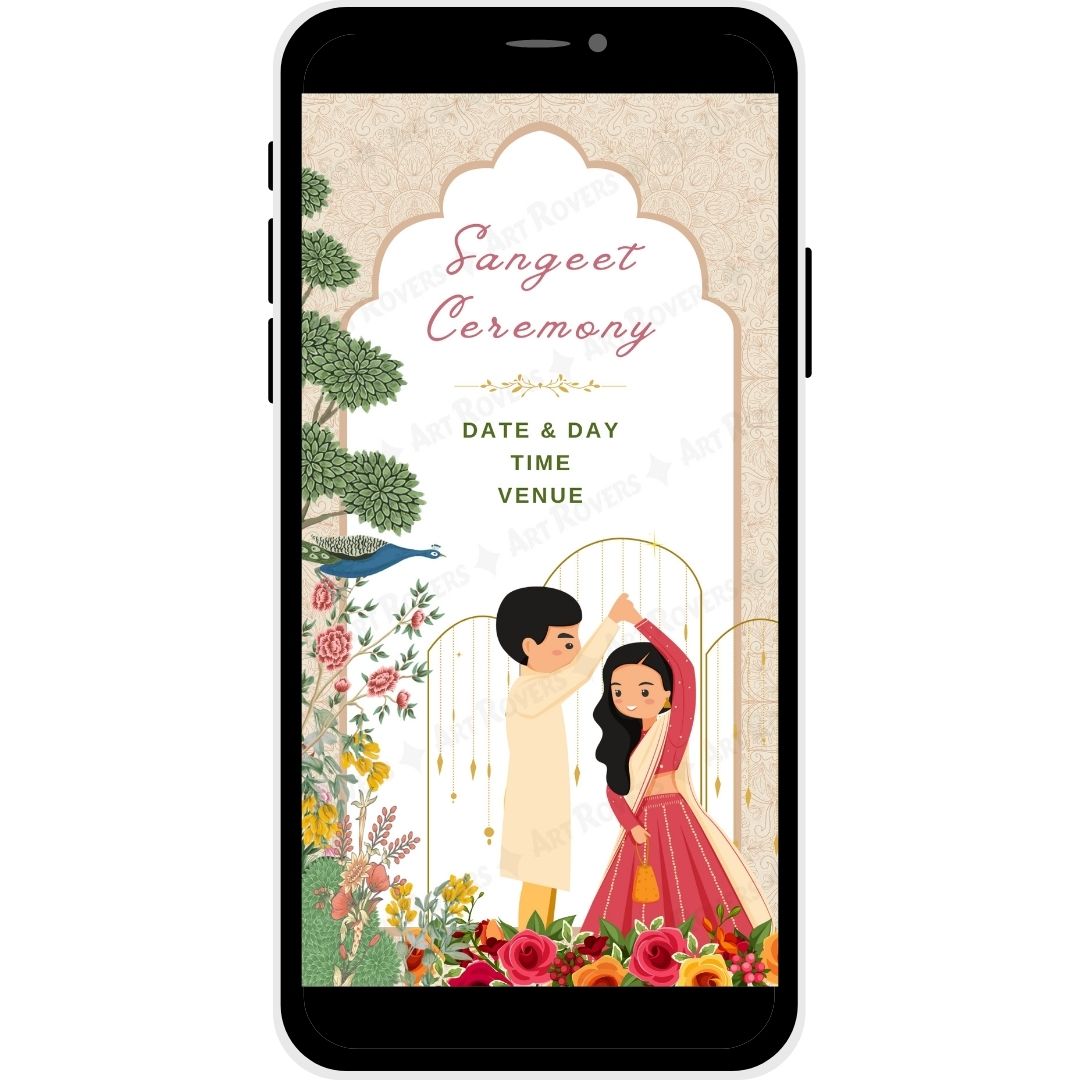 Sangeet ceremony invitation page featuring dancing couple for Regal Tradition Gujarati wedding
