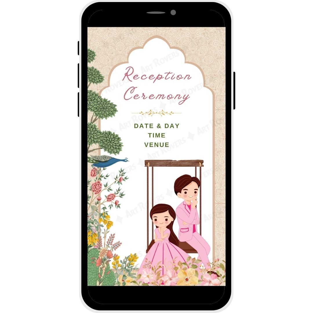 Reception ceremony invitation page featuring couple on a swing in Regal Tradition Gujarati wedding card