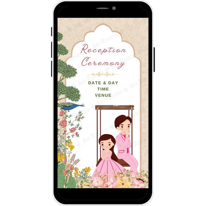 Reception ceremony invitation page featuring couple on a swing in Regal Tradition Gujarati wedding card