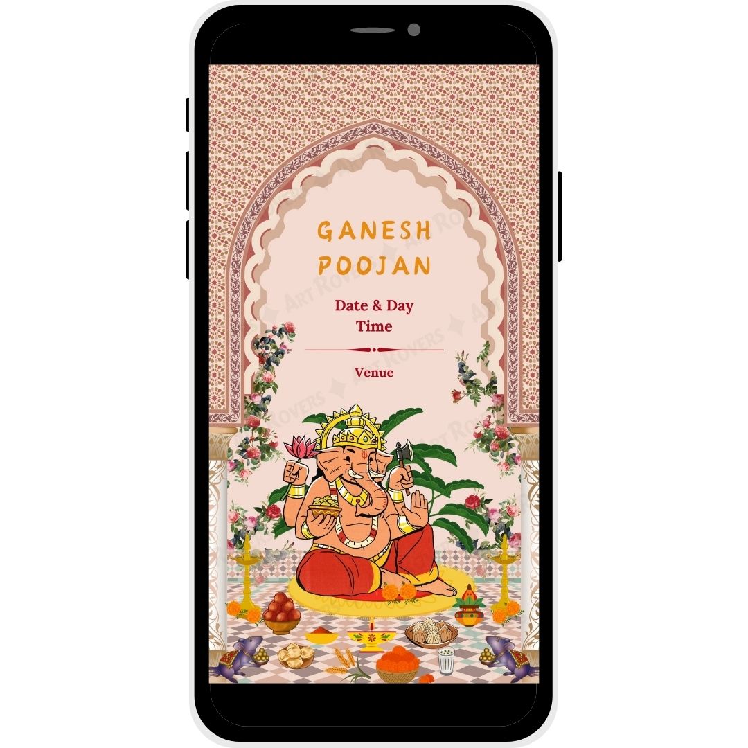 Ganesh Poojan Invitation featuring Lord Ganesha with traditional decor