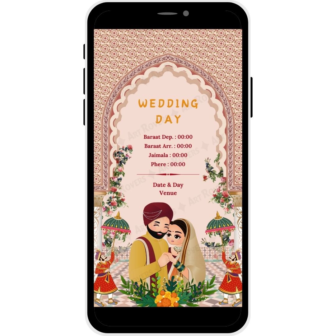 Wedding Day invitation with details of Baraat, Jaimala, and Phere timings