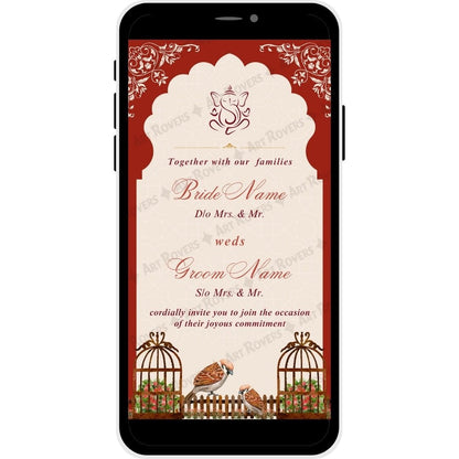 Bride and groom names section with Hindu motifs on Timeless Traditions wedding invitation.