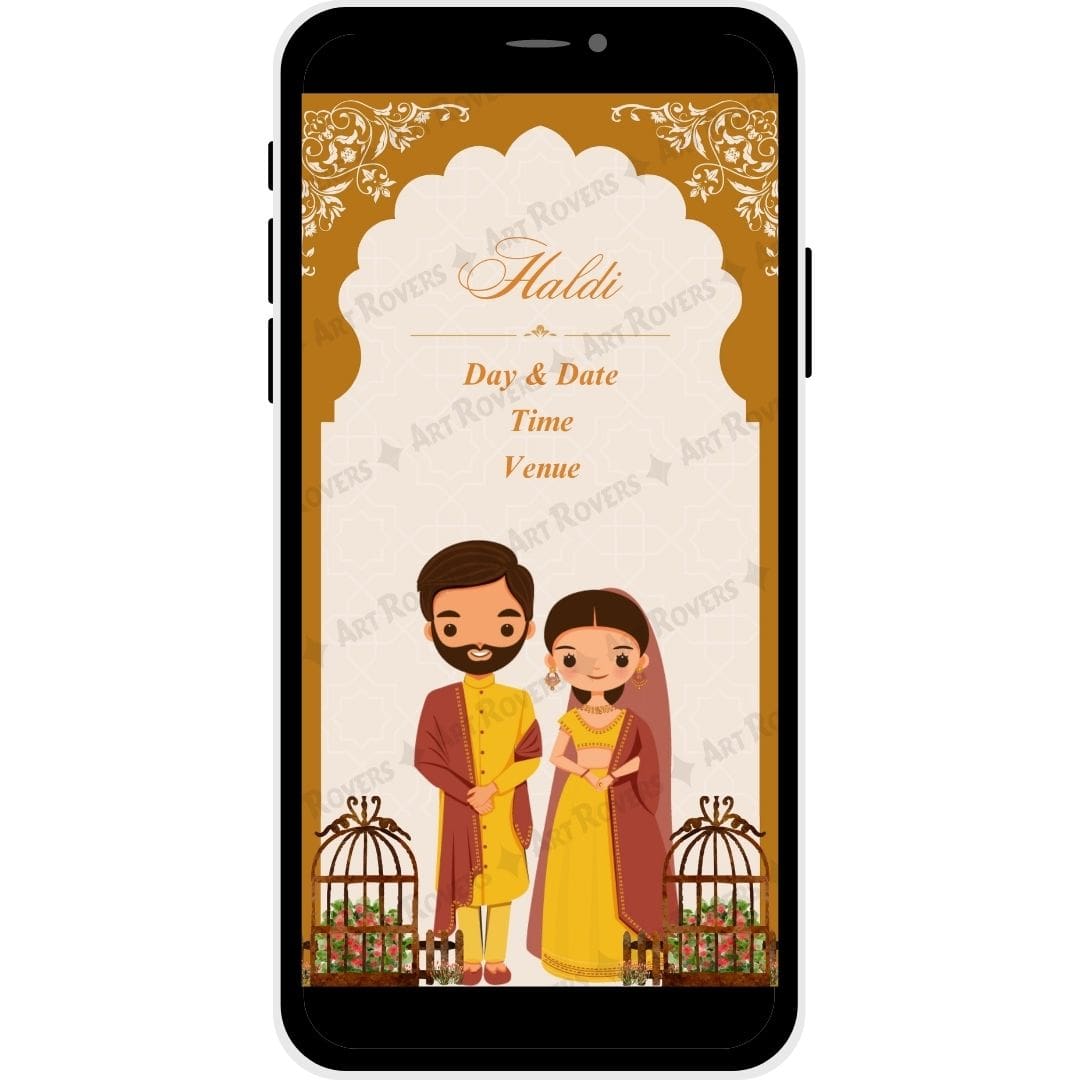 Haldi Event details section with decorative motifs on Timeless Traditions wedding invitation PDF card.