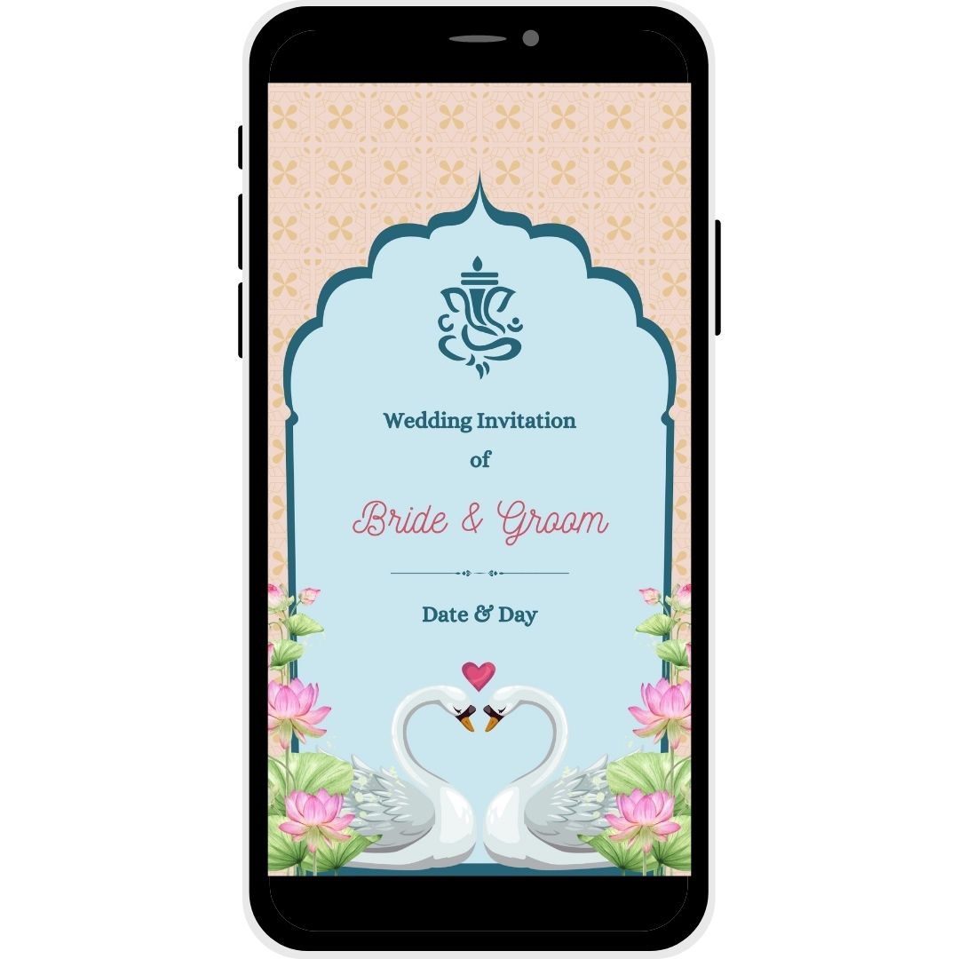 Lotus Love Hindu wedding invitation card cover featuring two swans and lotus flowers.