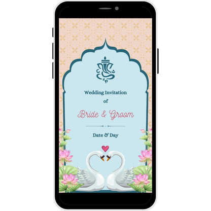 Lotus Love Hindu wedding invitation card cover featuring two swans and lotus flowers.