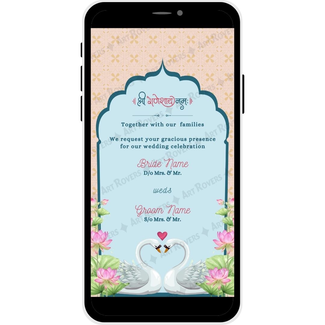 Bride and groom name section with Ganesh symbol and lotus design on Lotus Love wedding invitation.