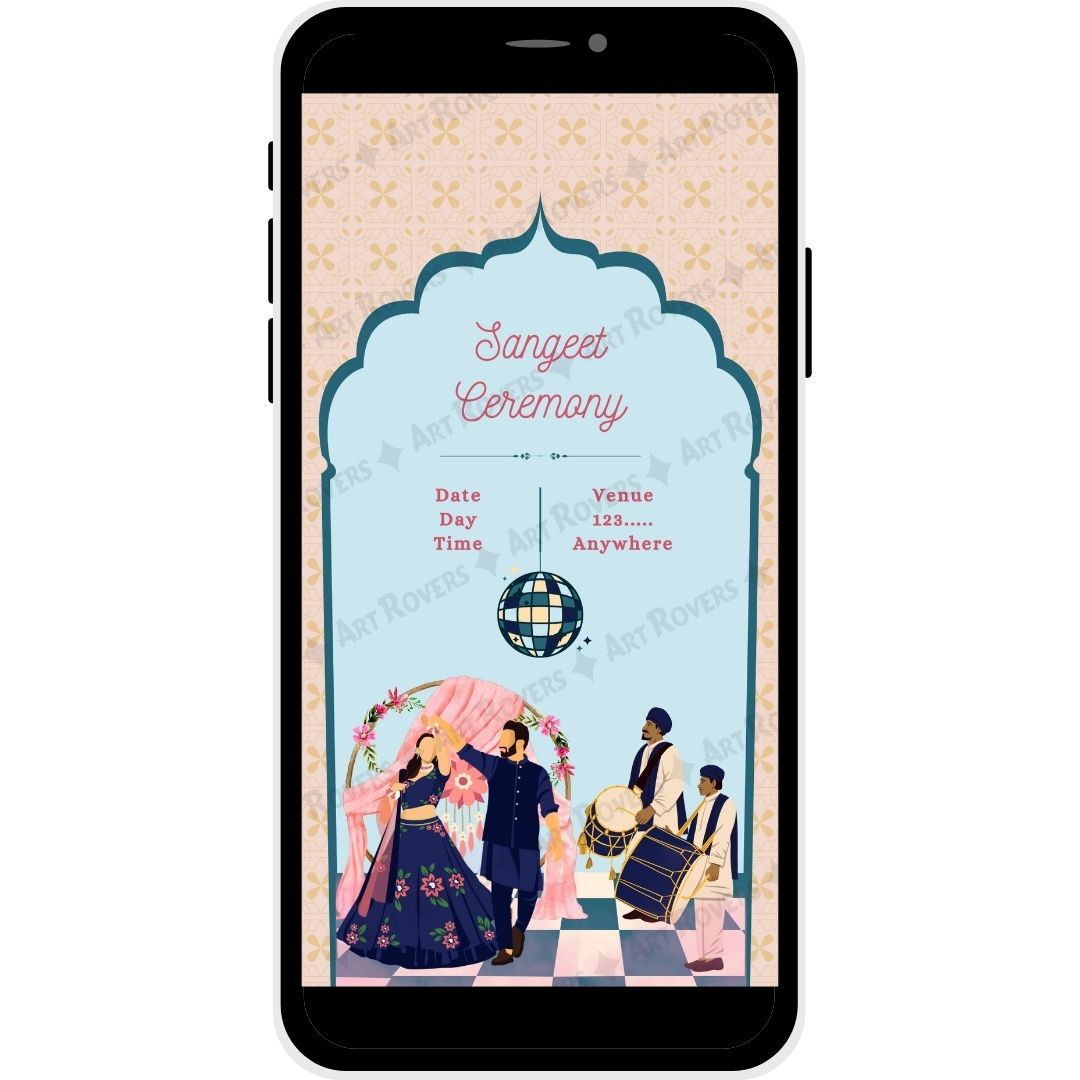 Sangeet ceremony section with musical elements on Lotus Love wedding invitation.