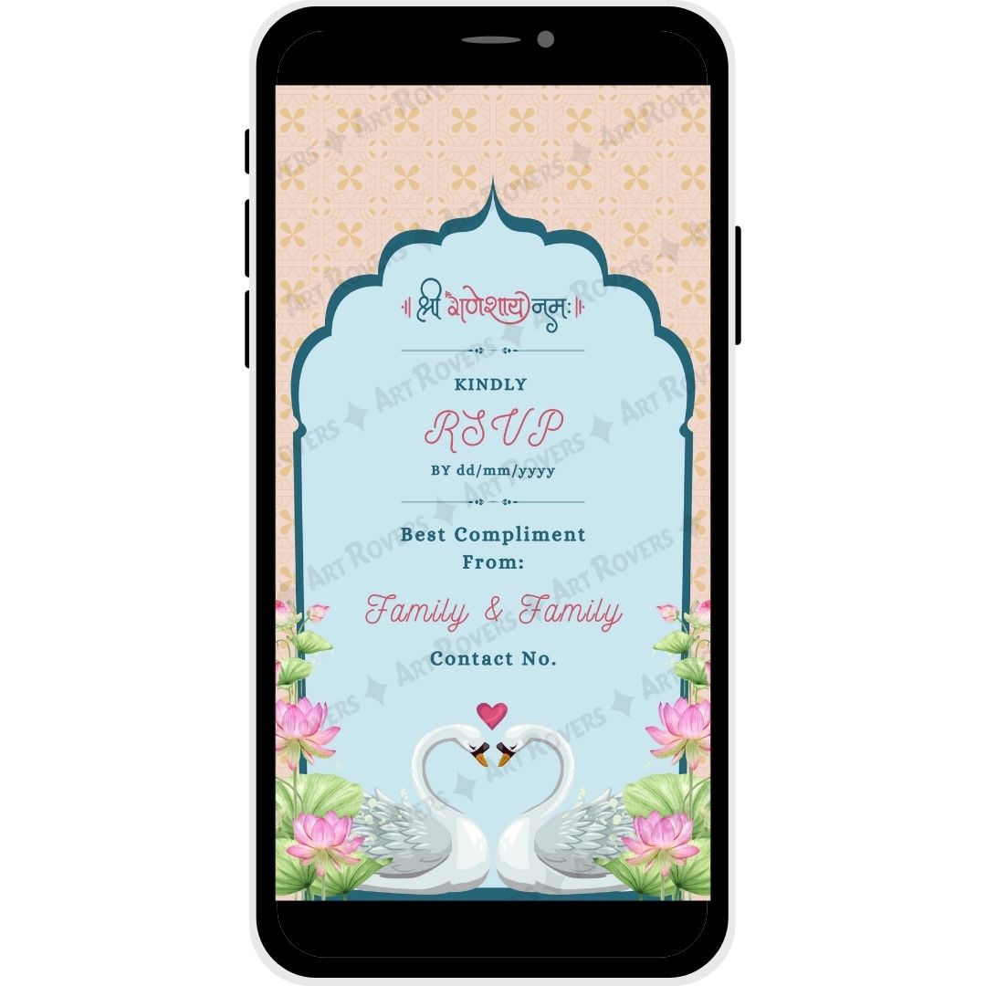 RSVP section with swan and lotus design on Lotus Love Hindu wedding invitation PDF card.