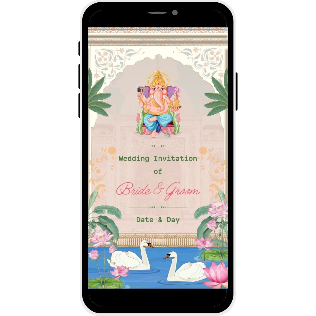 Sacred Union Hindu wedding invitation cover with Lord Ganesha and swans.