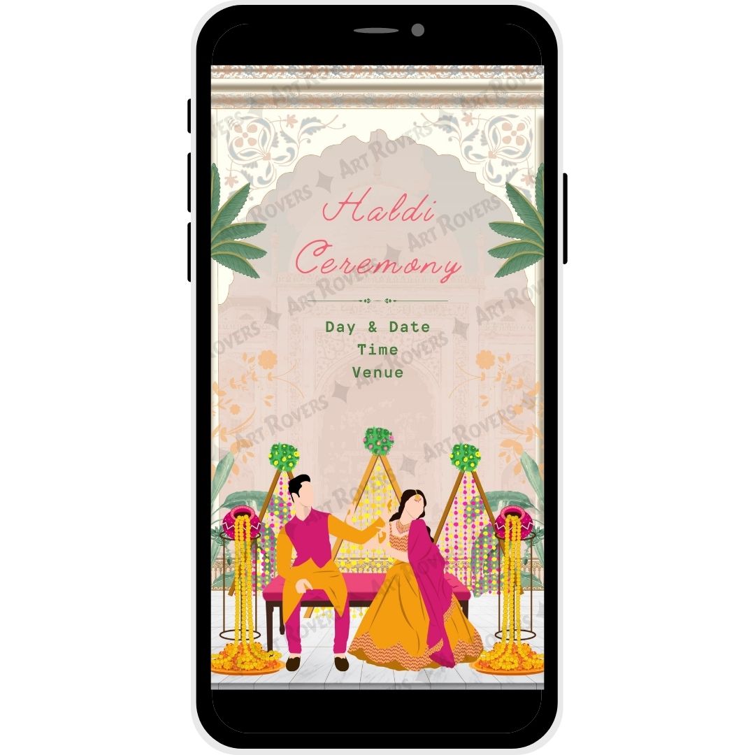 Haldi ceremony section with colorful elements on Sacred Union Hindu wedding PDF card.