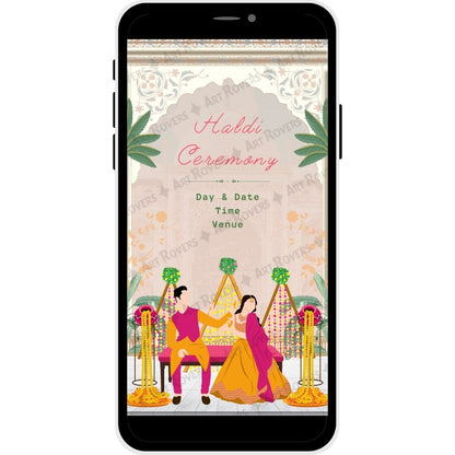 Haldi ceremony section with colorful elements on Sacred Union Hindu wedding PDF card.