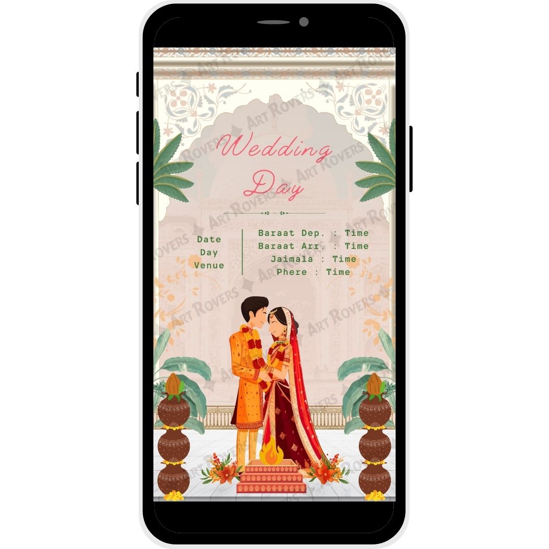 Wedding day ceremony details with bride and groom on Sacred Union Hindu wedding invitation.