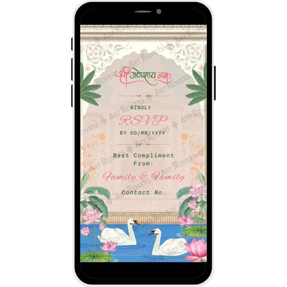 RSVP section with swans and floral motifs on Sacred Union Hindu wedding invitation PDF card.