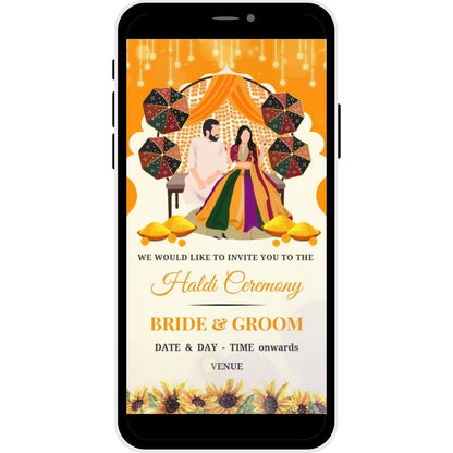 Amber Glow Haldi Ceremony Invitation Card featuring traditional umbrellas, marigold bowls, and a decorative backdrop for a vibrant wedding celebration.