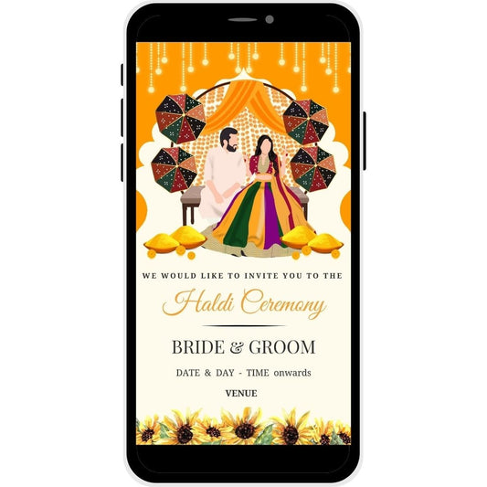 Amber Glow Haldi Ceremony Invitation Card featuring traditional umbrellas, marigold bowls, and a decorative backdrop for a vibrant wedding celebration.