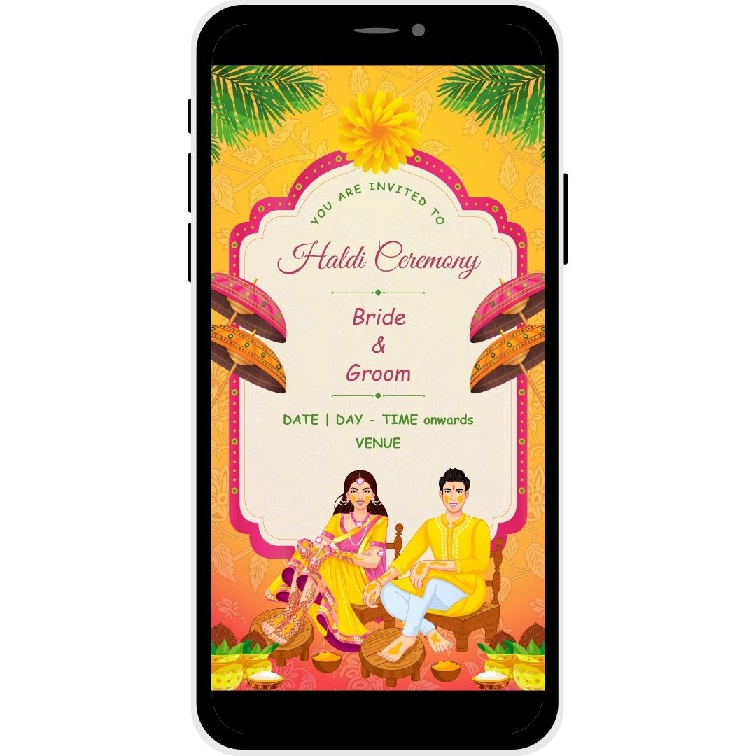 Sunlit Traditions Haldi Ceremony Invitation Card featuring the bride and groom in traditional attire, surrounded by festive umbrellas, palm leaves, and ceremonial bowls for a vibrant wedding celebration.