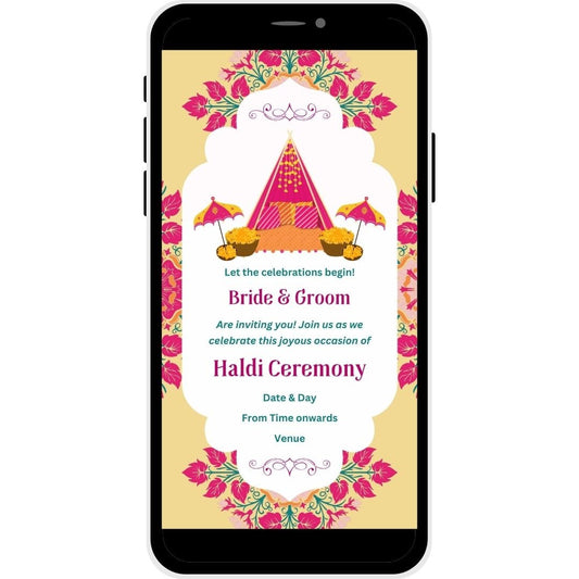 Golden Glow Haldi Ceremony Invitation Card with vibrant Indian decor, marigold flowers, festive umbrellas, and a colorful canopy for a joyful Haldi celebration.