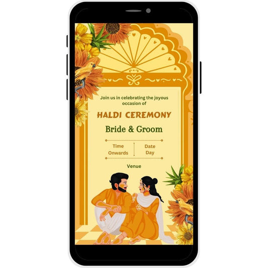 Sunshine Serenade Haldi Ceremony Invitation Card featuring sunflowers, tropical elements, and an illustration of the bride and groom in a warm, celebratory setting.