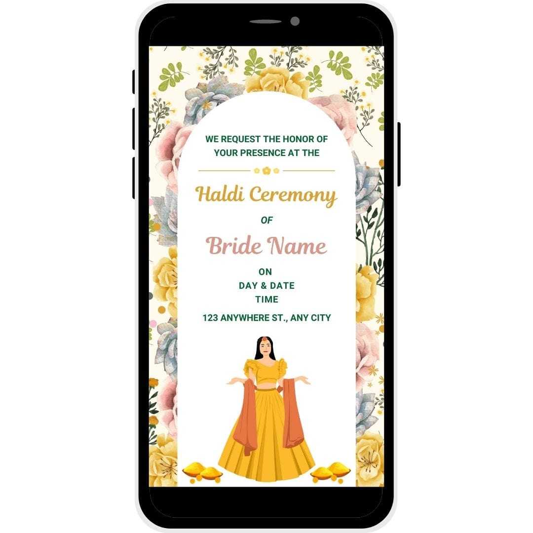 Joyful Blossoms Haldi Ceremony Invitation Card with floral designs and illustration of the bride, ideal for a festive and joyful wedding celebration.