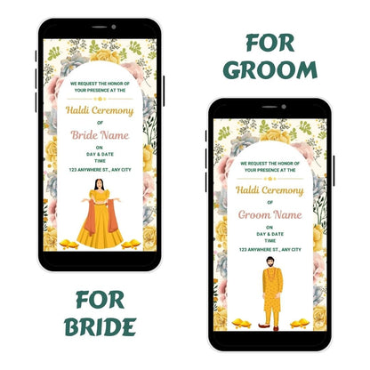 Joyful Blossoms Haldi Ceremony Invitation Card with floral designs and illustrations of the bride or groom, ideal for a festive and joyful wedding celebration.