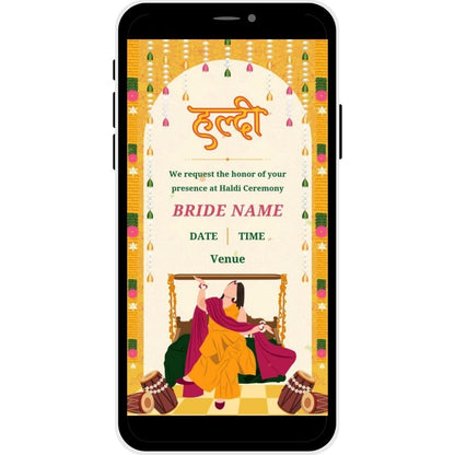 Floral Fiesta Haldi Ceremony Invitation Card for the bride featuring festive floral decor, marigold garlands, and a joyful illustration of the bride in a traditional setting, perfect for inviting guests to a vibrant pre-wedding celebration.