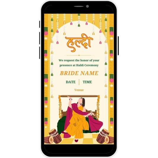 Floral Fiesta Haldi Ceremony Invitation Card for the bride featuring festive floral decor, marigold garlands, and a joyful illustration of the bride in a traditional setting, perfect for inviting guests to a vibrant pre-wedding celebration.