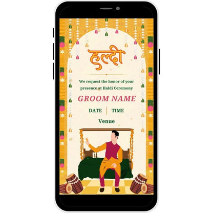 Floral Fiesta Haldi Ceremony Invitation Card for the groom featuring festive floral decor, marigold garlands, and a lively illustration of the groom in a traditional setting, ideal for inviting guests to a joyous pre-wedding ceremony.