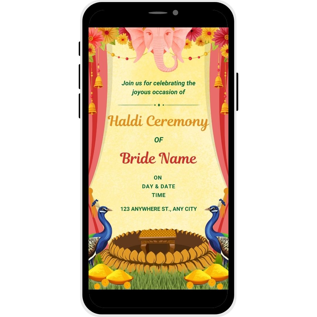 Divine Glow Haldi Ceremony Invitation Card for the bride, with Ganesha motif, peacocks, and traditional floral decor for an auspicious celebration.