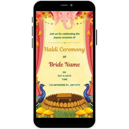 Divine Glow Haldi Ceremony Invitation Card for the bride, with Ganesha motif, peacocks, and traditional floral decor for an auspicious celebration.