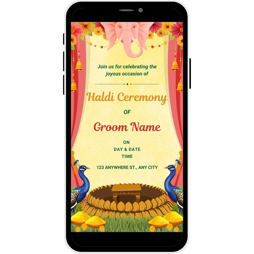 Divine Glow Haldi Ceremony Invitation Card for the groom, featuring Ganesha motif, peacocks, and floral decor, perfect for a vibrant and sacred celebration.