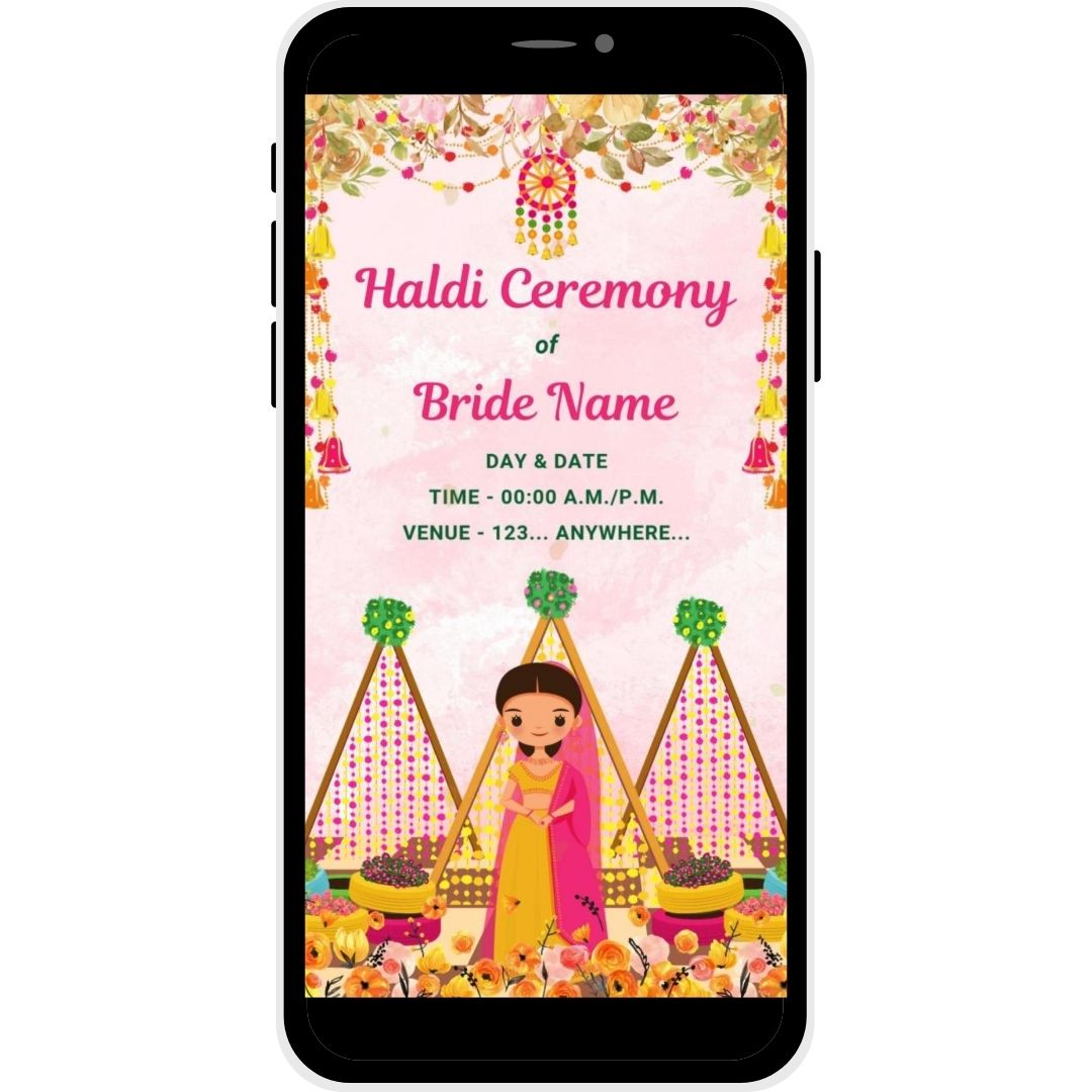 Blossom Delight Haldi Ceremony Invitation Card for the bride with floral decorations and a charming illustration of the bride in a colorful traditional setup.