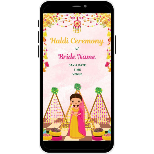 Blossom Delight Haldi Ceremony Invitation Card for the bride with floral decorations and a charming illustration of the bride in a colorful traditional setup.