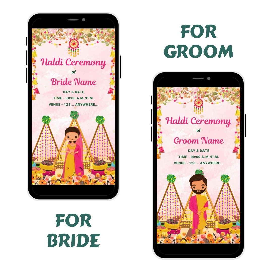 Blossom Delight Haldi Ceremony Invitation Card featuring vibrant floral decor, traditional elements, and cute illustrations of the bride and groom, ideal for a joyful pre-wedding celebration.