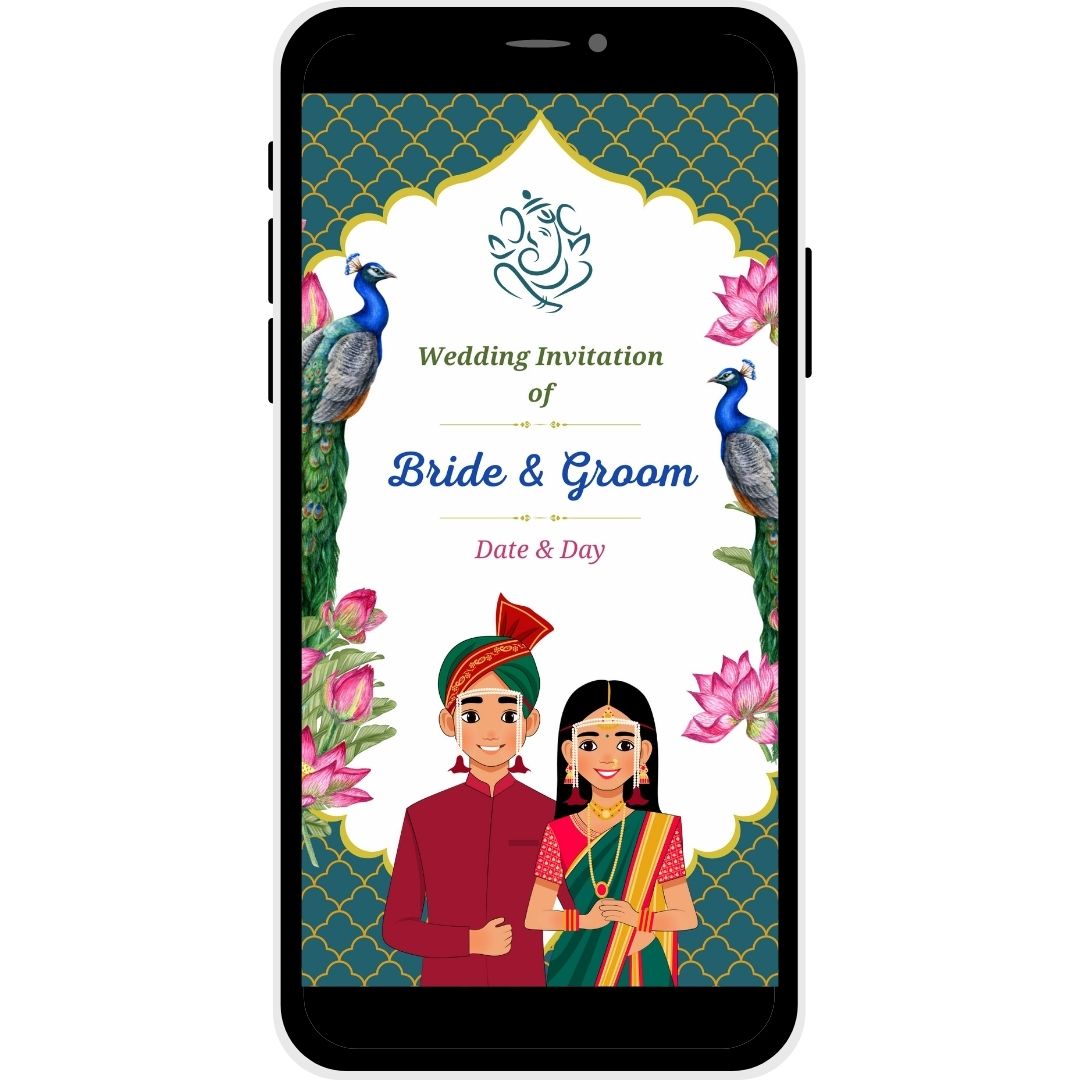 Royal Bloom Marathi Wedding PDF Invitation Cover with peacocks and lotus flowers.