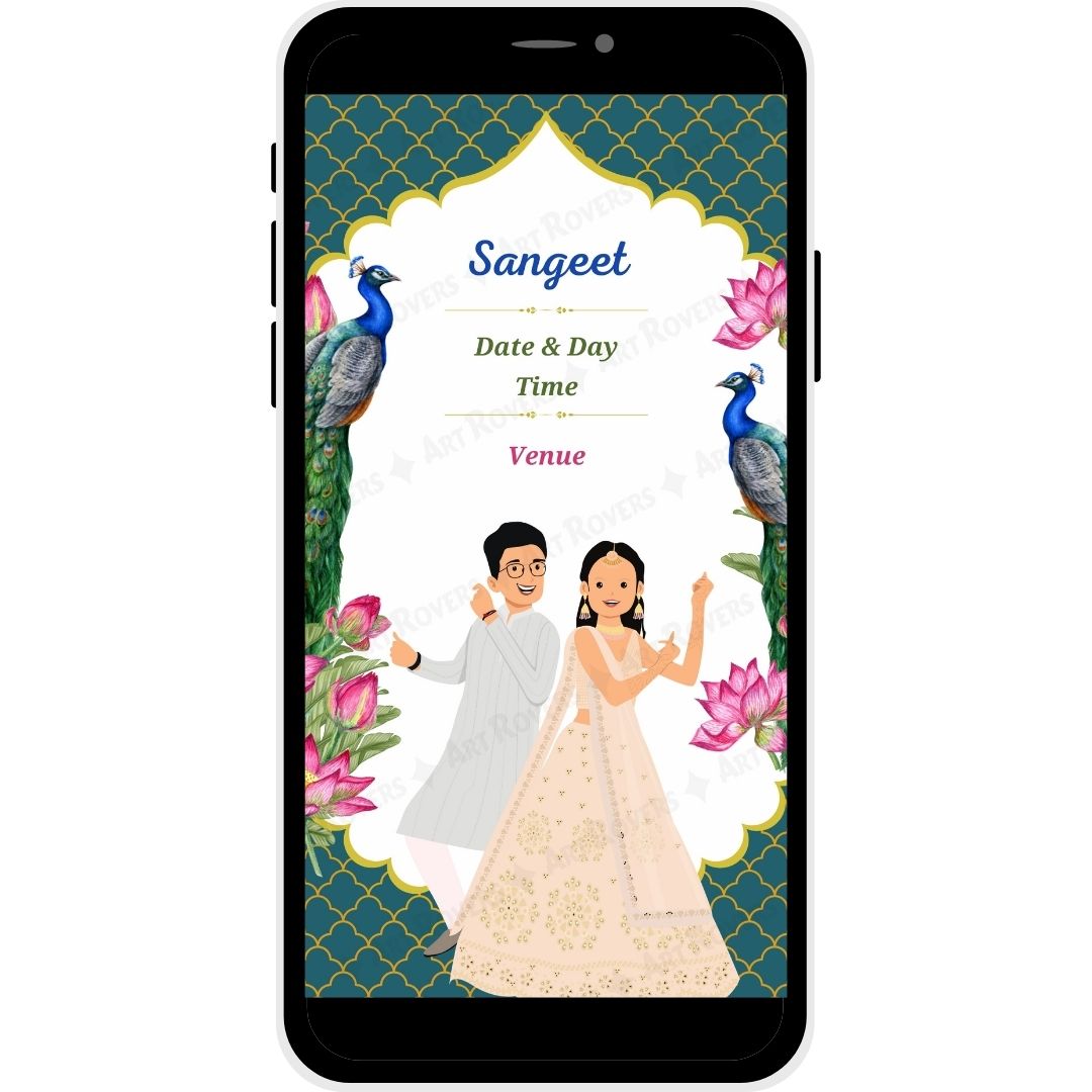 Sangeet Ceremony in Royal Bloom Marathi Wedding Invitation with peacock design