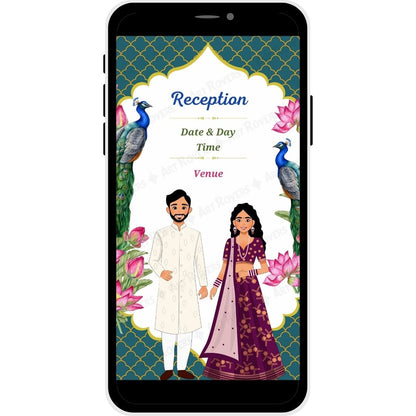 Reception details in Royal Bloom Marathi Wedding Invitation with peacocks and floral accents