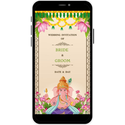 Timeless Lotus Marathi Wedding PDF Invitation Cover featuring Lord Ganesha and lotus flowers