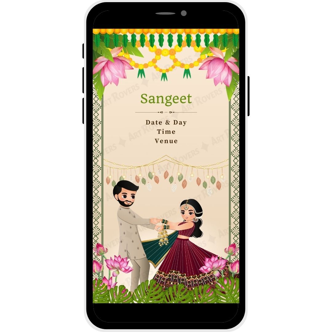 Sangeet Ceremony in Timeless Lotus Marathi Wedding Invitation with couple dancing illustration