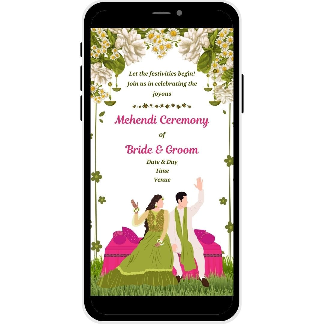 Floral Delight Mehendi Ceremony Invitation Card featuring Bride and Groom with floral decor