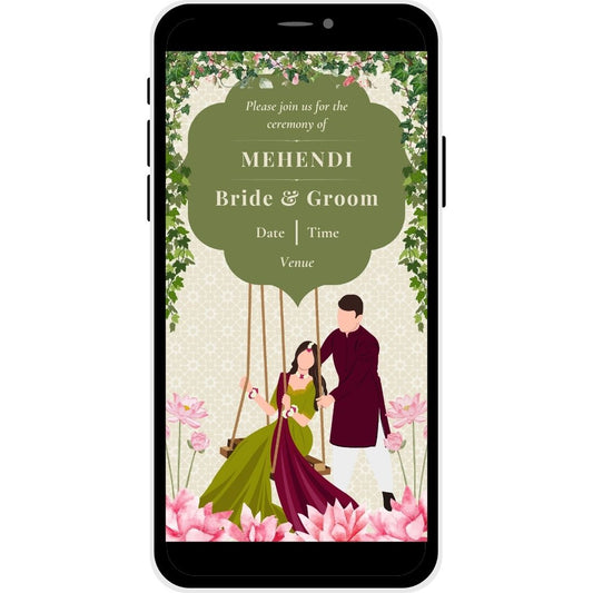 Ethereal Garden Mehendi Ceremony Invitation Card with floral decor and swing motif featuring Bride and Groom.