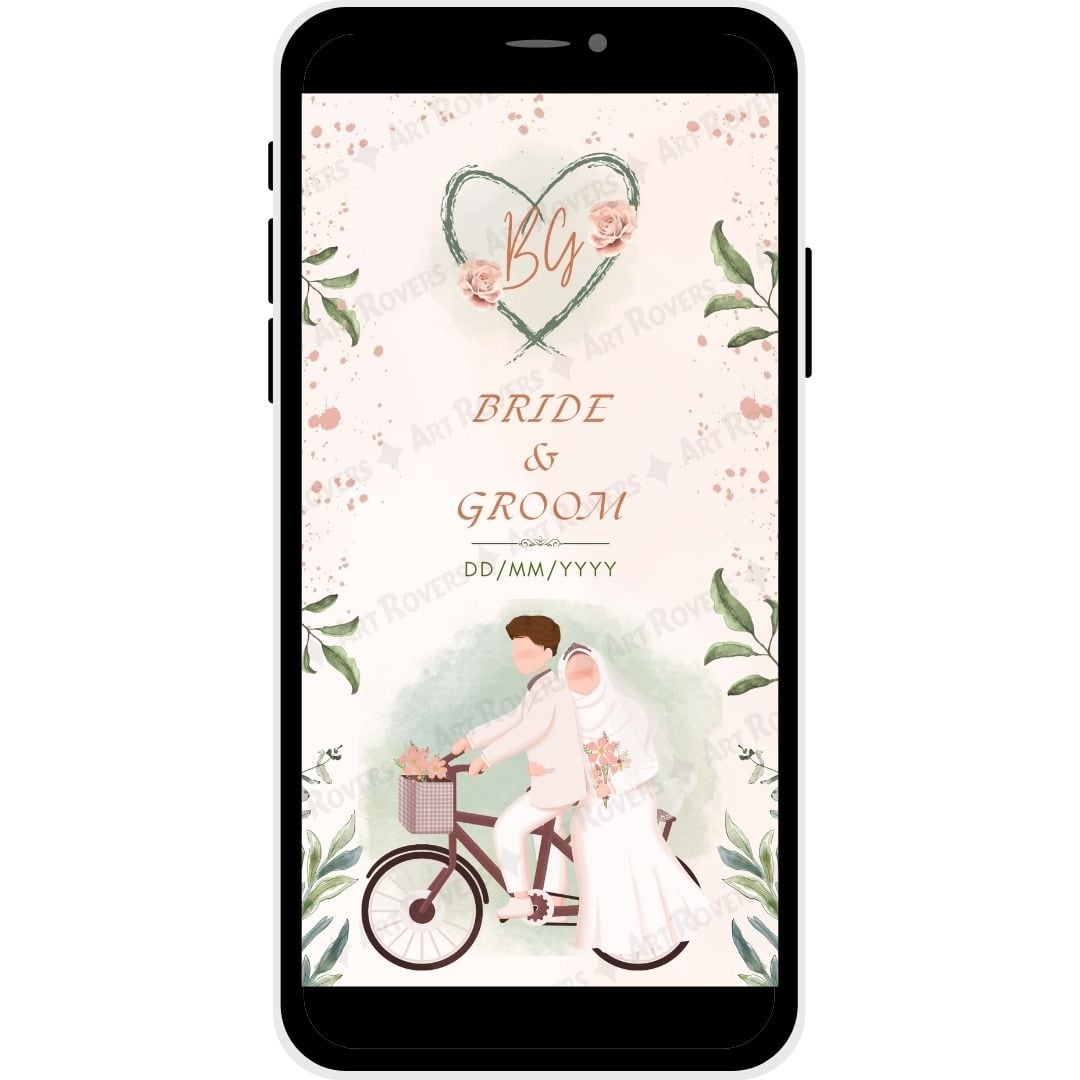 Cover Image of the Love in Bloom Muslim Wedding Invitation Card featuring Bride and Groom on a bike.