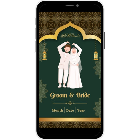 Golden Grace Muslim Wedding Invitation Cover Image with Groom & Bride Illustration.