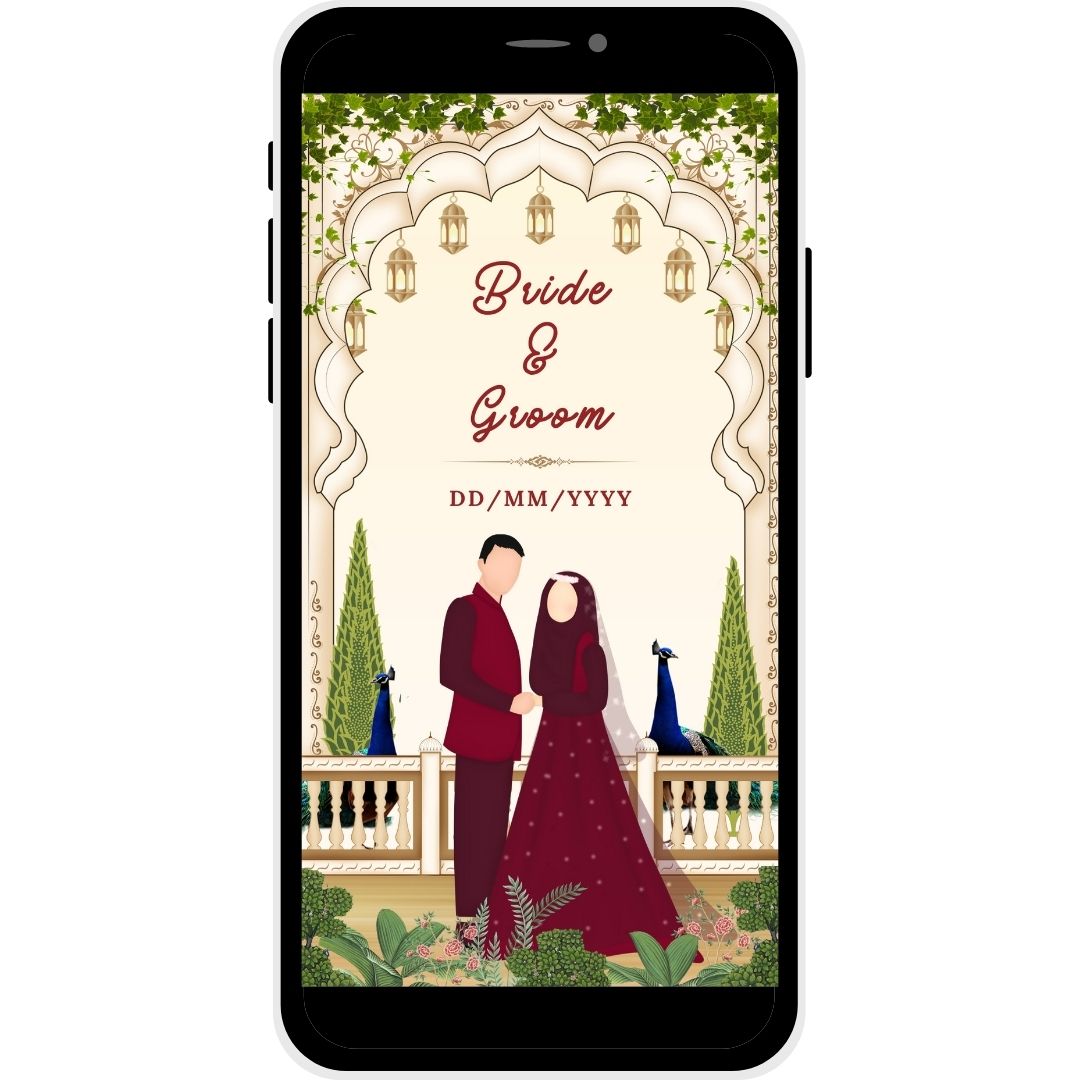 Royal Peacocks Muslim Wedding Invitation Card cover with Bride and Groom illustration.