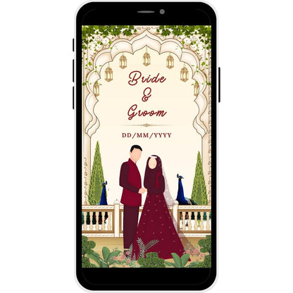 Royal Peacocks Muslim Wedding Invitation Card cover with Bride and Groom illustration.